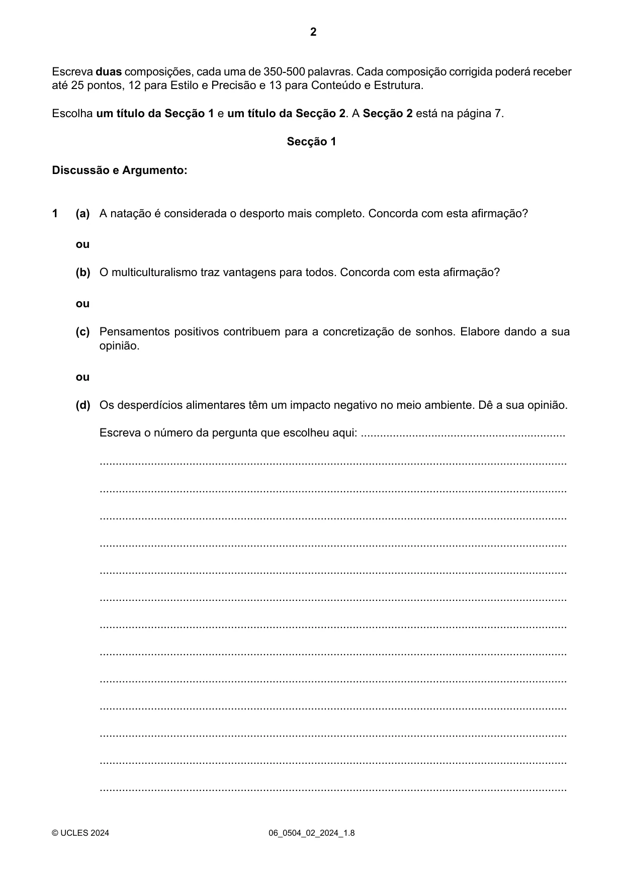 Cambridge IGCSE Portuguese - First Language 0504 2024 May/June Paper 2 · Variant 0 question paper, page 2 of 12
