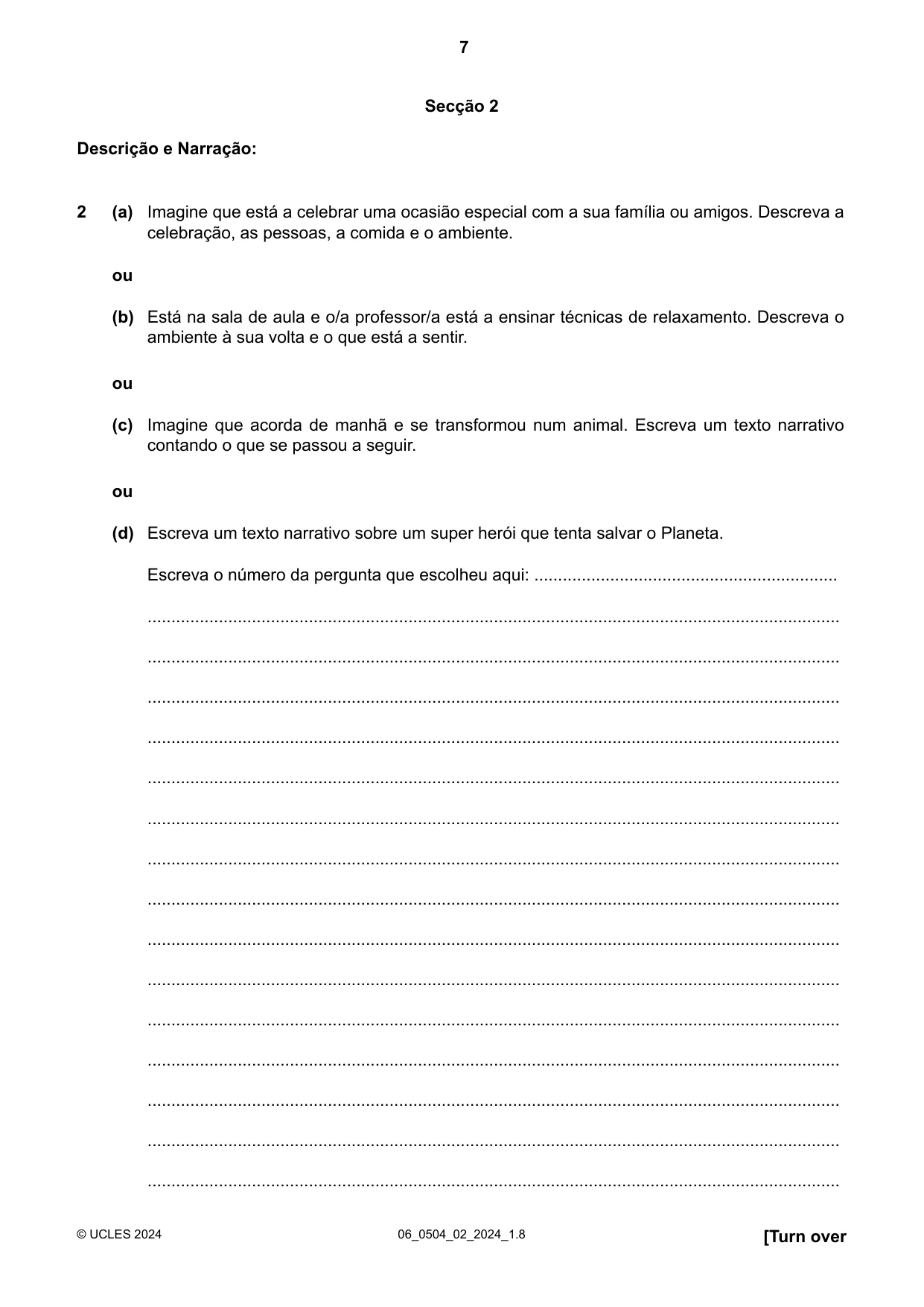 Cambridge IGCSE Portuguese - First Language 0504 2024 May/June Paper 2 · Variant 0 question paper, page 7 of 12
