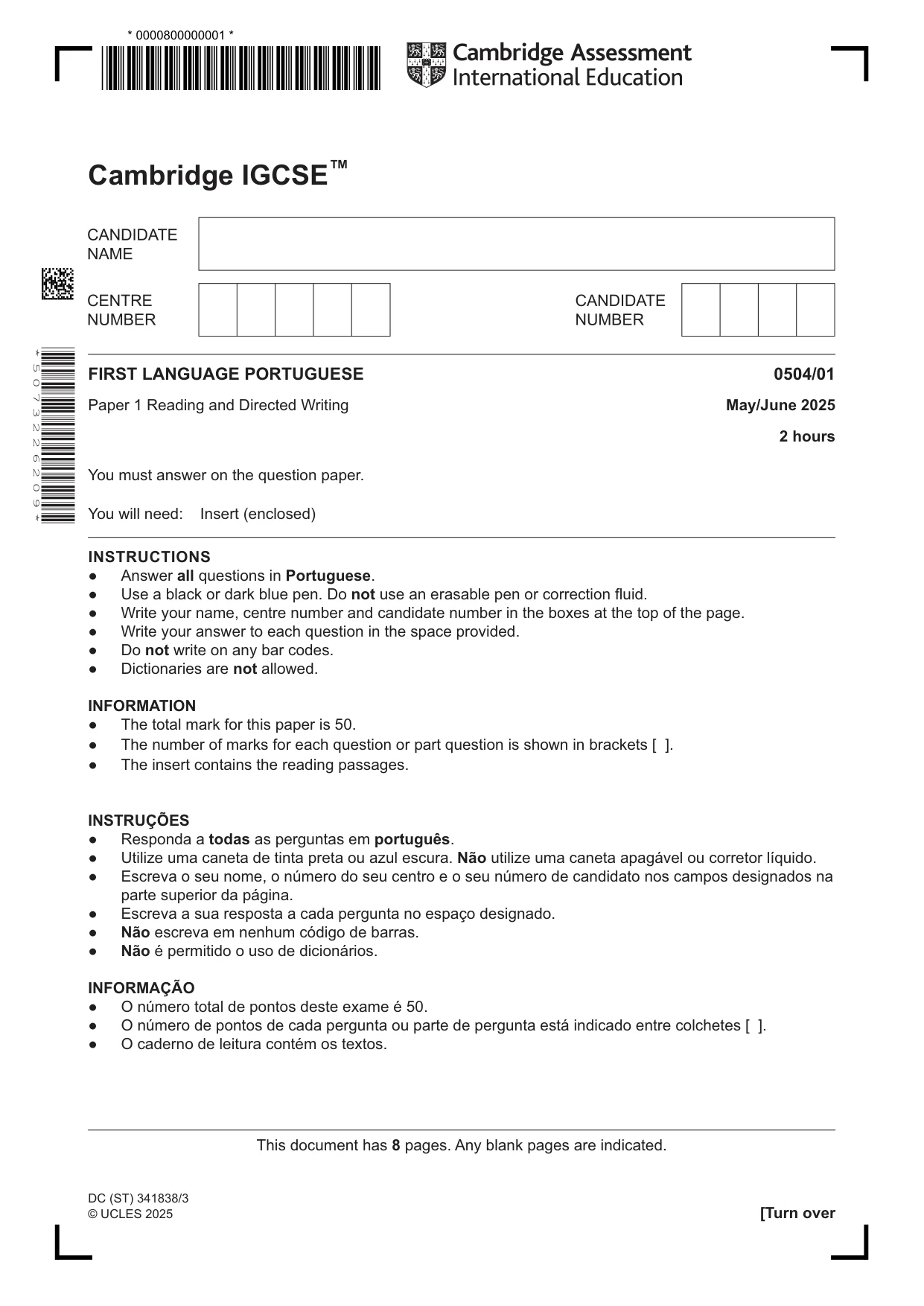 Cambridge IGCSE Portuguese - First Language 0504 2025 May/June Paper 1 · Variant 0 question paper, page 1 of 8