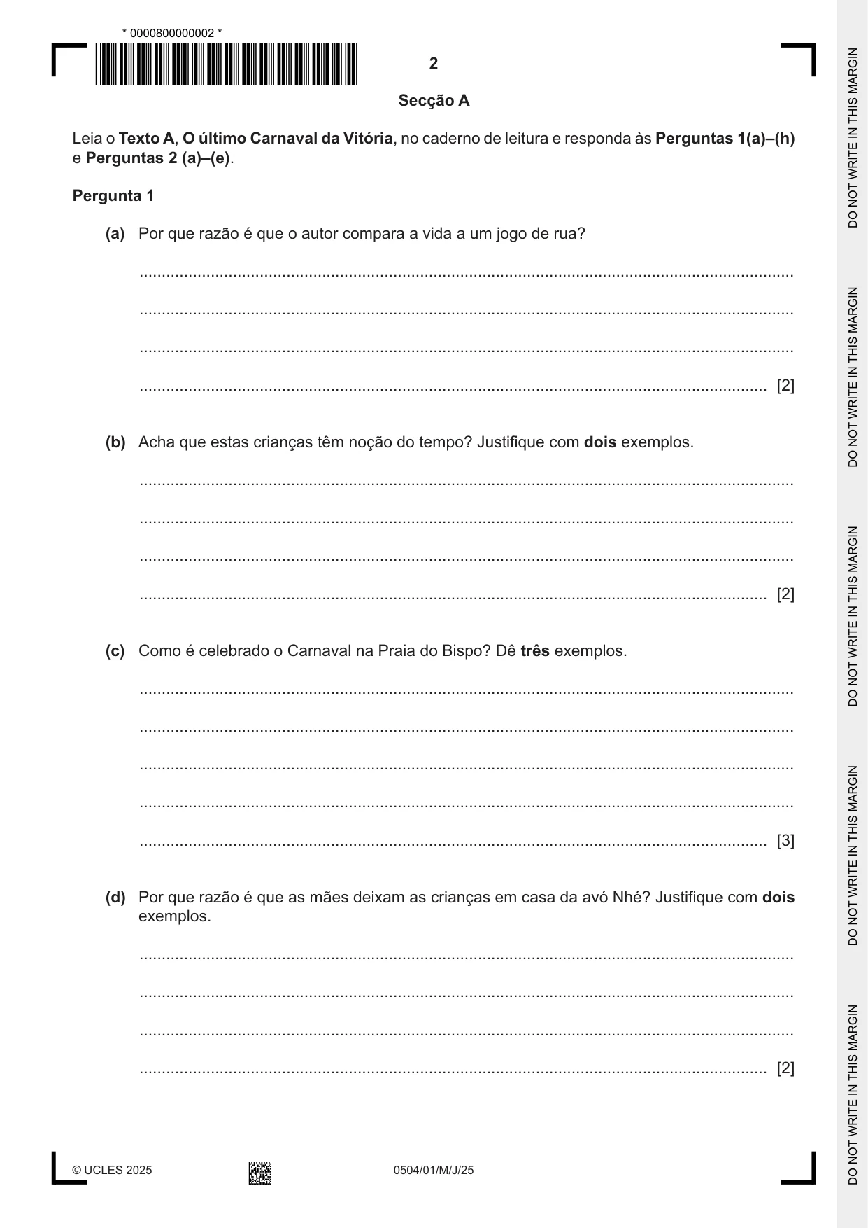 Cambridge IGCSE Portuguese - First Language 0504 2025 May/June Paper 1 · Variant 0 question paper, page 2 of 8