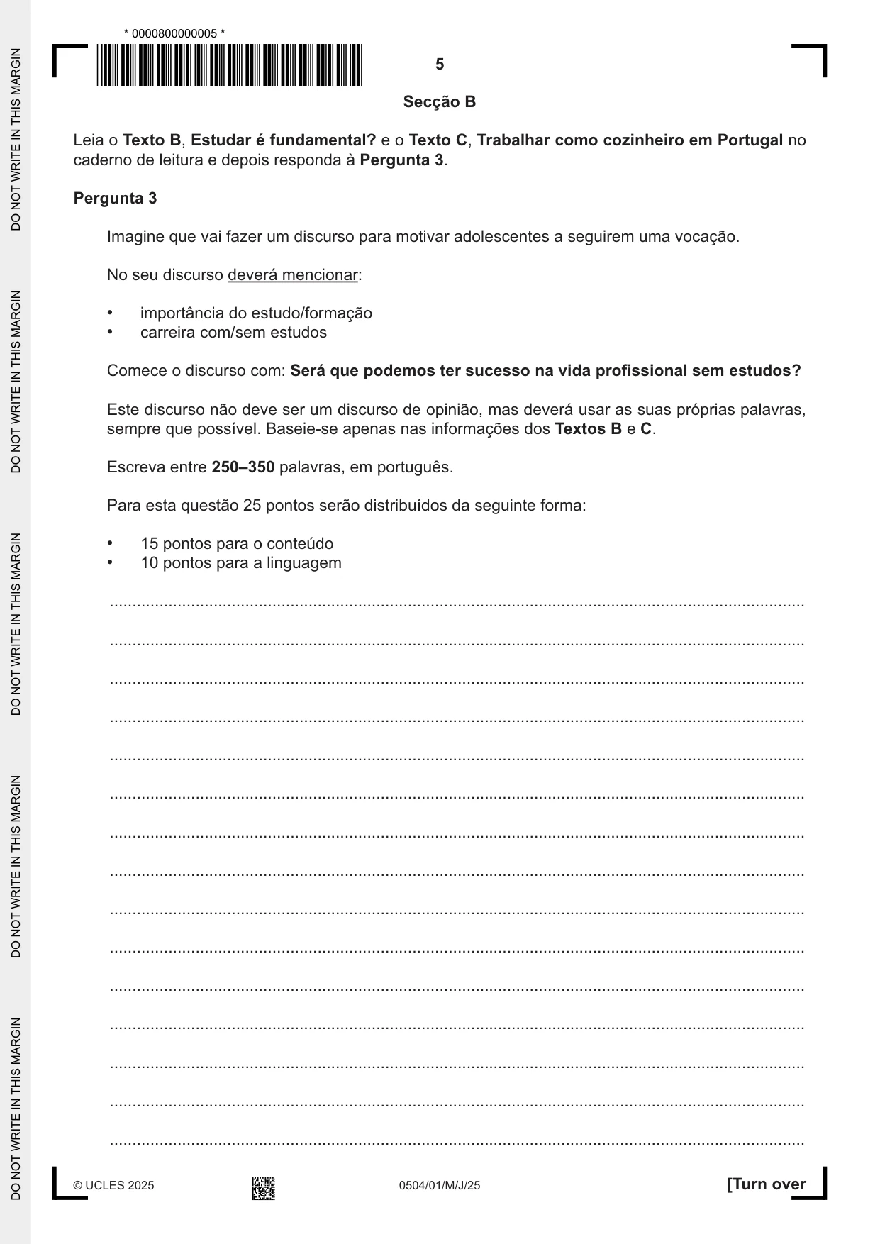 Cambridge IGCSE Portuguese - First Language 0504 2025 May/June Paper 1 · Variant 0 question paper, page 5 of 8