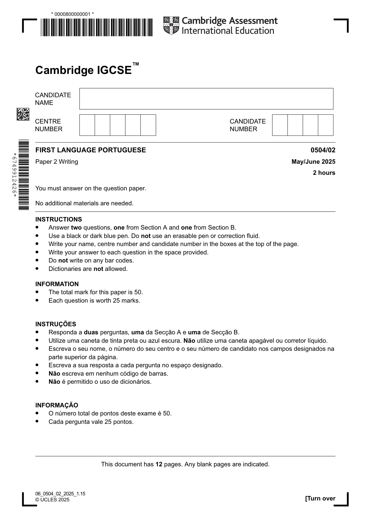 Cambridge IGCSE Portuguese - First Language 0504 2025 May/June Paper 2 · Variant 0 question paper, page 1 of 12