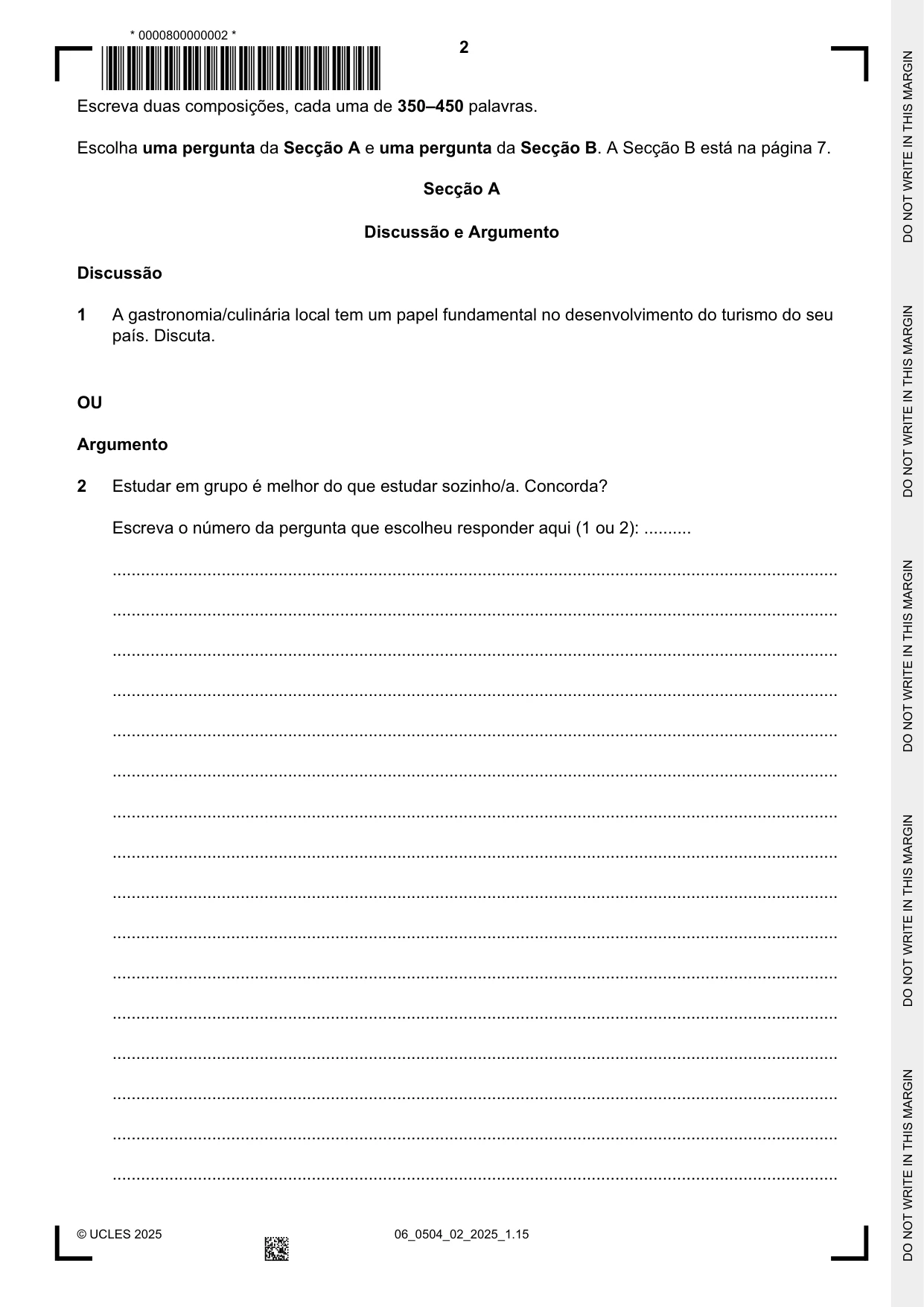 Cambridge IGCSE Portuguese - First Language 0504 2025 May/June Paper 2 · Variant 0 question paper, page 2 of 12