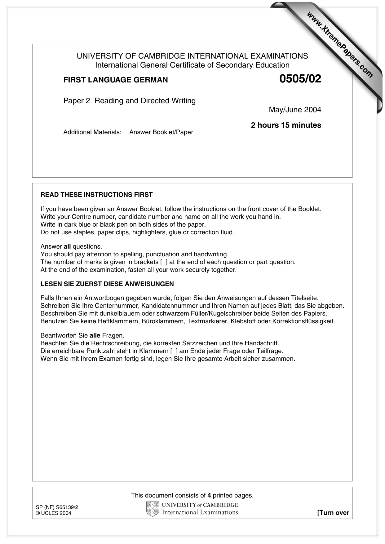 Cambridge IGCSE German - First Language 0505 2004 May/June Paper 2 · Variant 1 question paper, page 1 of 4