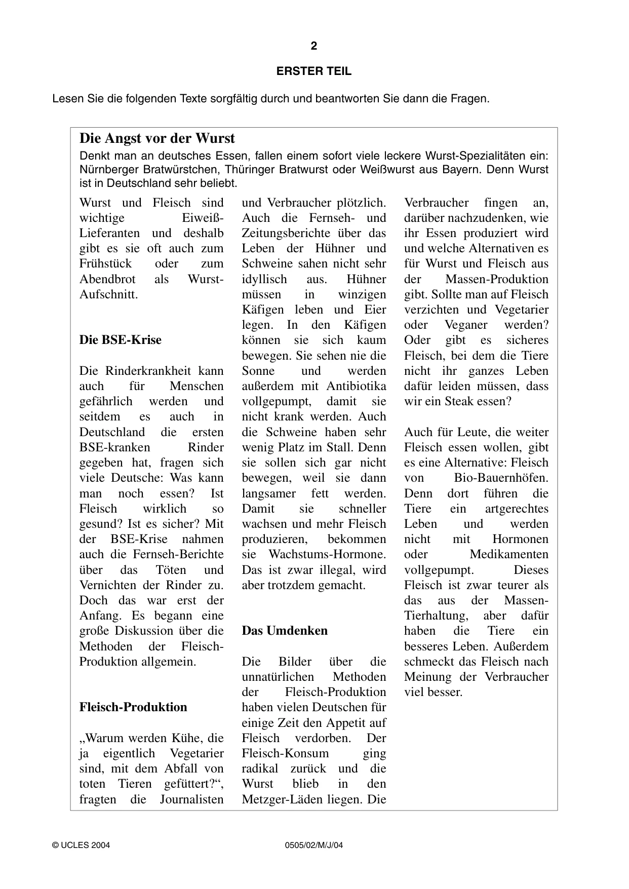 Cambridge IGCSE German - First Language 0505 2004 May/June Paper 2 · Variant 1 question paper, page 2 of 4