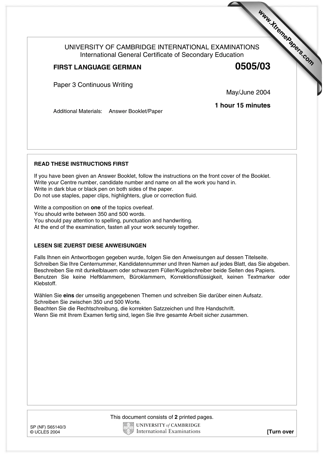 Cambridge IGCSE German - First Language 0505 2004 May/June Paper 3 · Variant 1 question paper, page 1 of 2