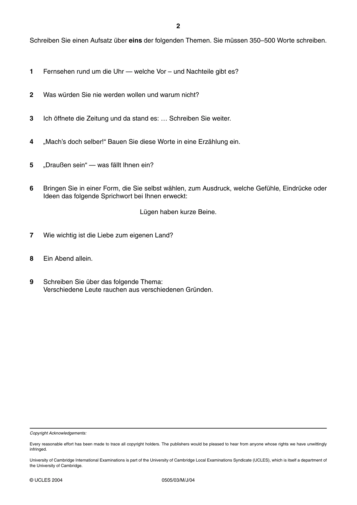 Cambridge IGCSE German - First Language 0505 2004 May/June Paper 3 · Variant 1 question paper, page 2 of 2