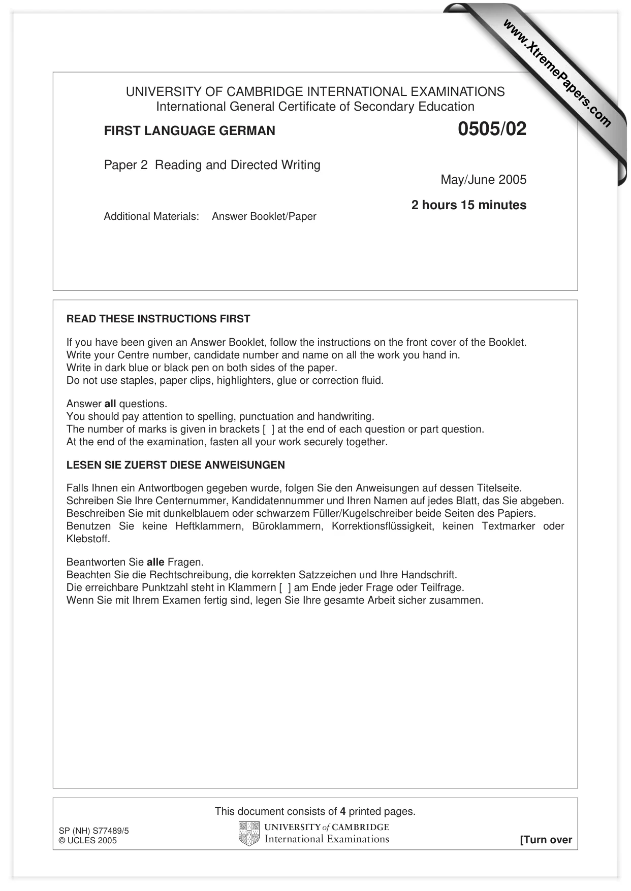 Cambridge IGCSE German - First Language 0505 2005 May/June Paper 2 · Variant 1 question paper, page 1 of 4