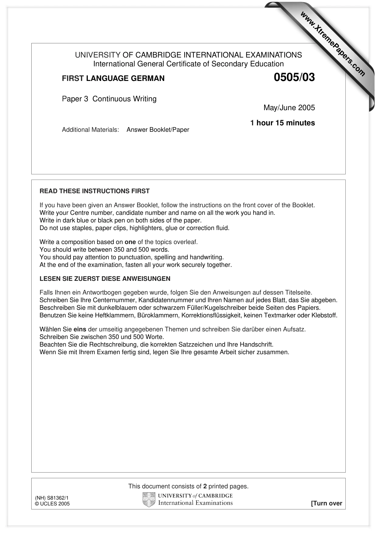 Cambridge IGCSE German - First Language 0505 2005 May/June Paper 3 · Variant 1 question paper, page 1 of 2