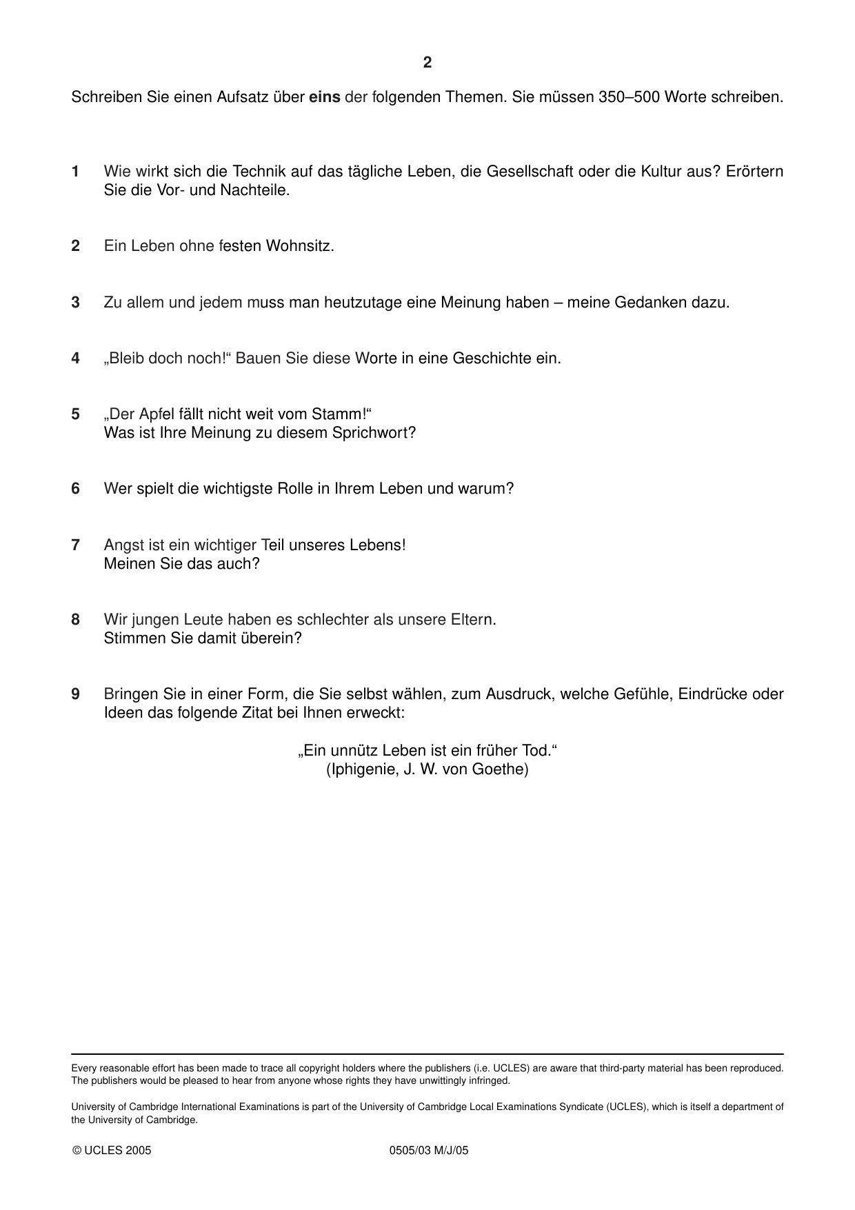 Cambridge IGCSE German - First Language 0505 2005 May/June Paper 3 · Variant 1 question paper, page 2 of 2