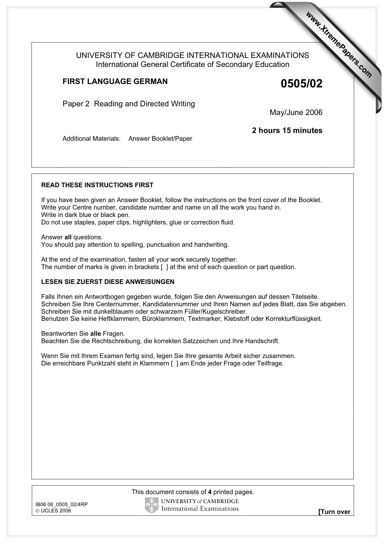 Cambridge IGCSE German - First Language 0505 2006 May/June Paper 2 · Variant 1 question paper, page 1 of 4