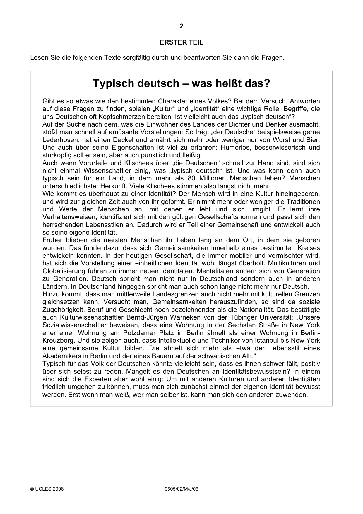 Cambridge IGCSE German - First Language 0505 2006 May/June Paper 2 · Variant 1 question paper, page 2 of 4