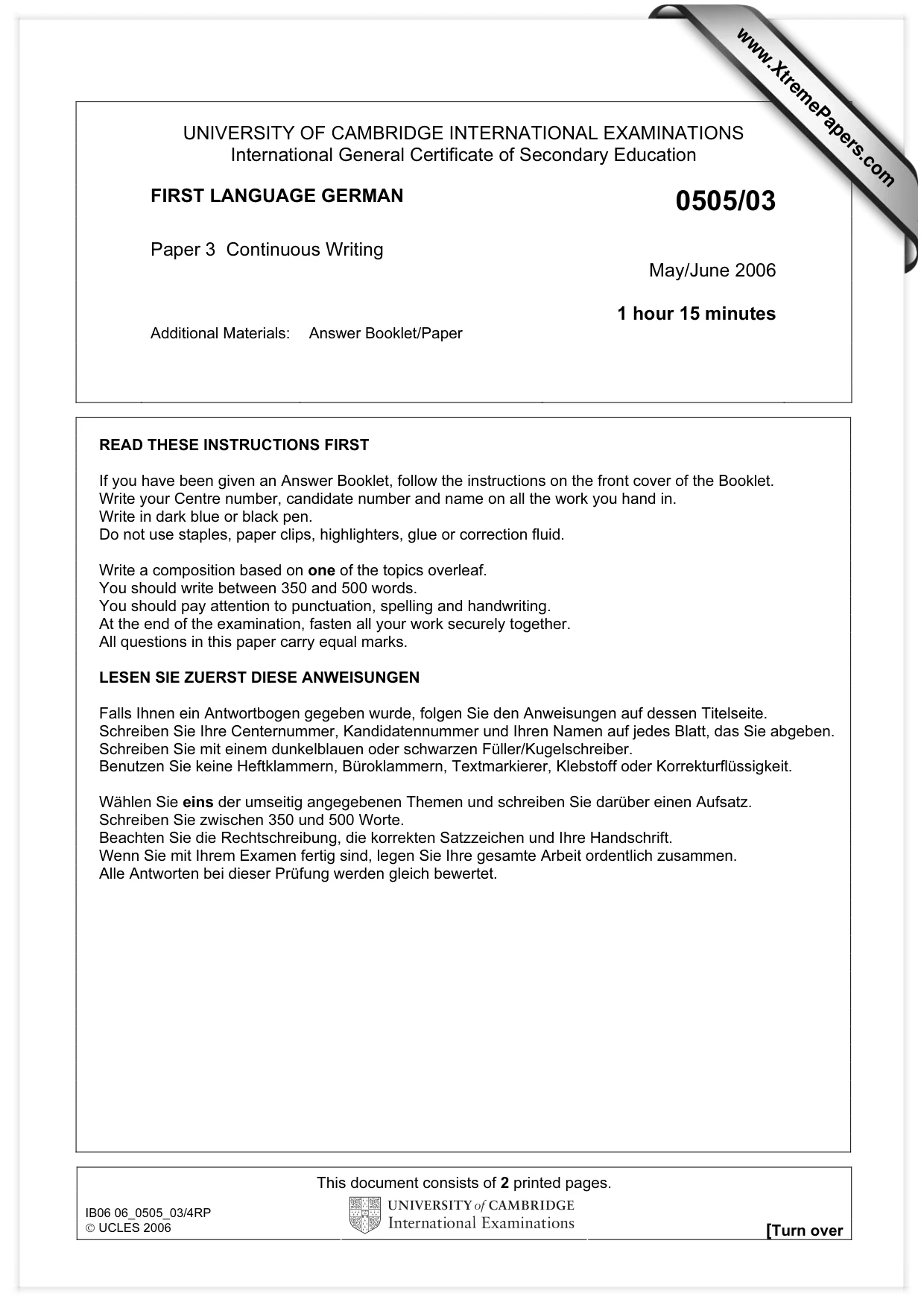 Cambridge IGCSE German - First Language 0505 2006 May/June Paper 3 · Variant 1 question paper, page 1 of 2