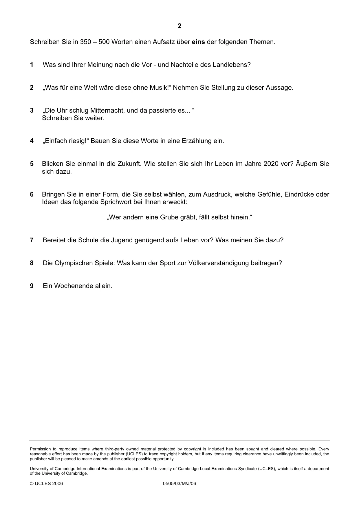 Cambridge IGCSE German - First Language 0505 2006 May/June Paper 3 · Variant 1 question paper, page 2 of 2