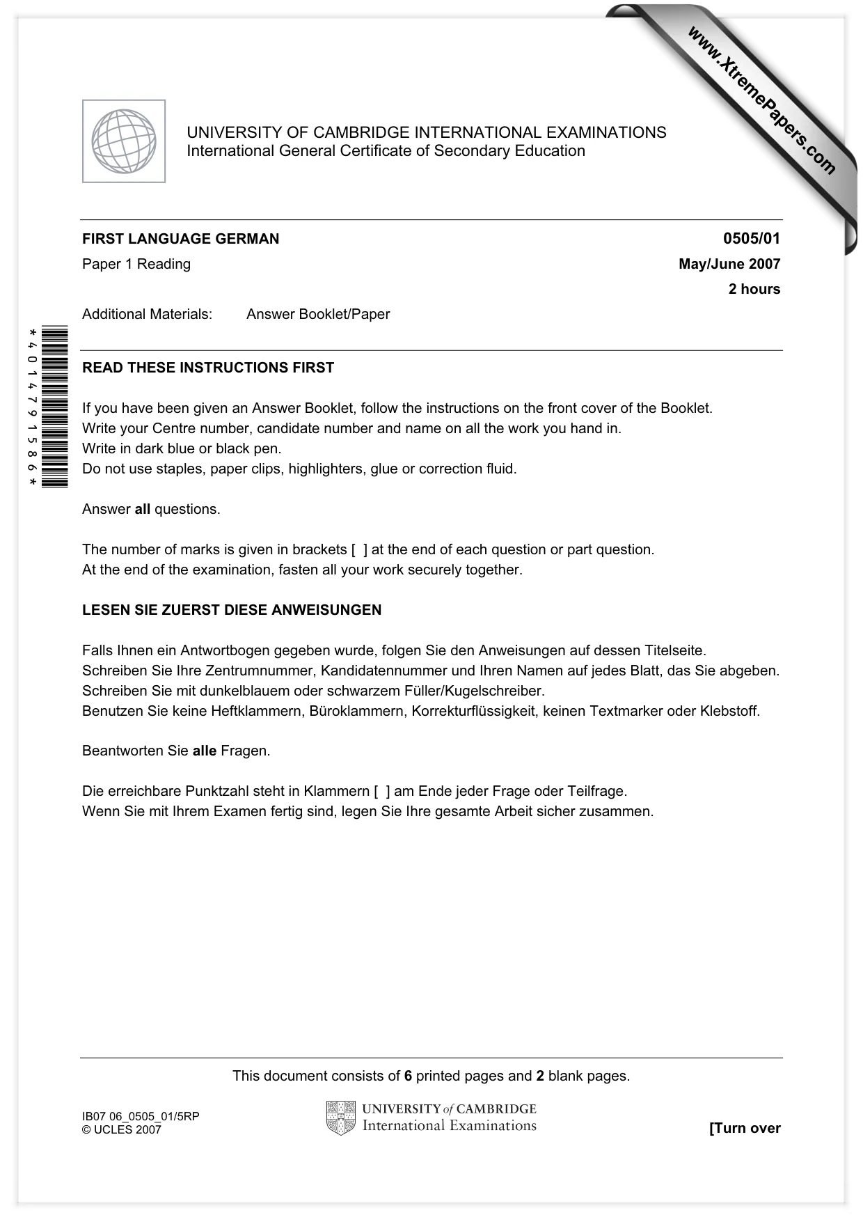 Cambridge IGCSE German - First Language 0505 2007 May/June Paper 1 · Variant 1 question paper, page 1 of 8