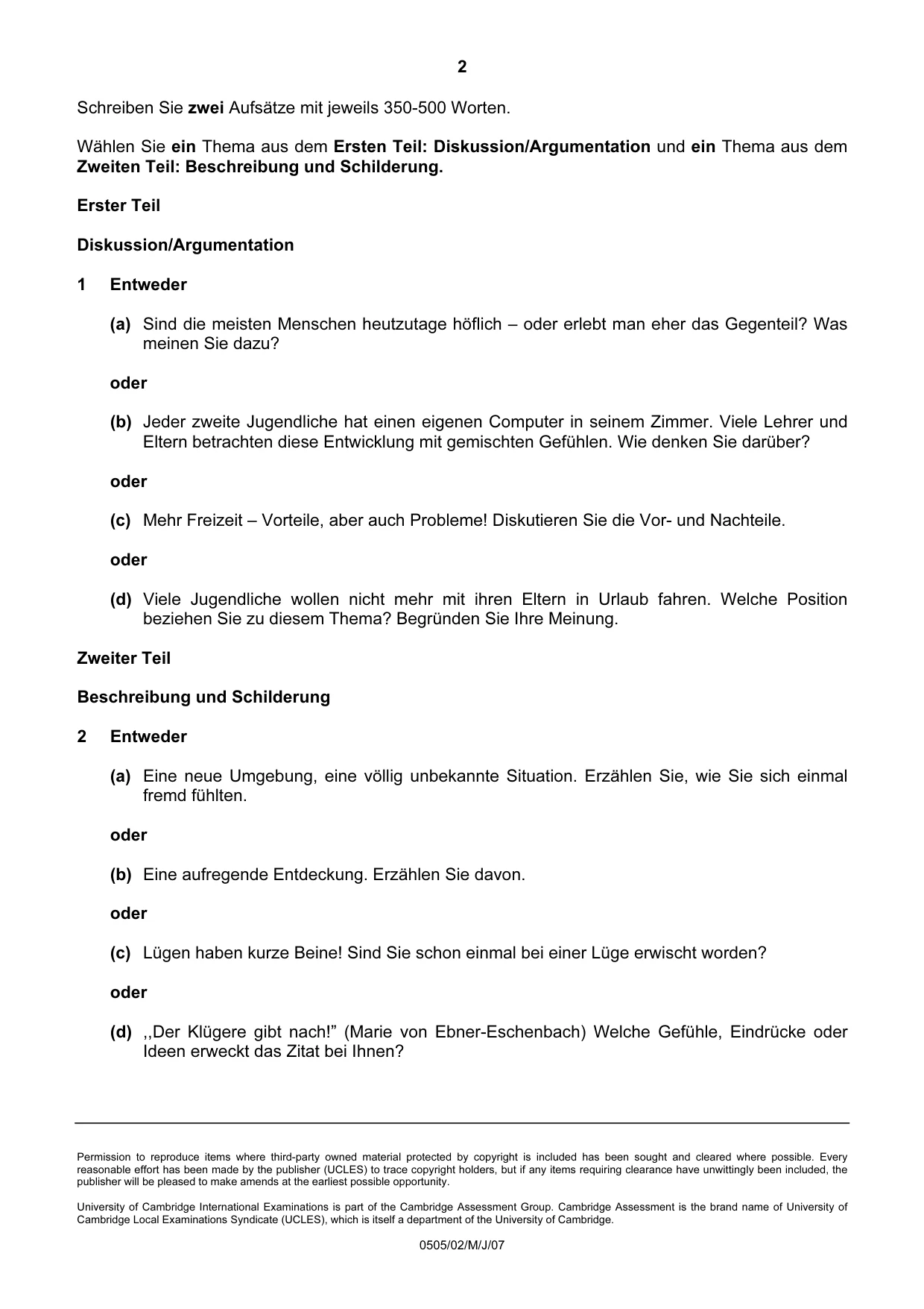 Cambridge IGCSE German - First Language 0505 2007 May/June Paper 2 · Variant 1 question paper, page 2 of 2