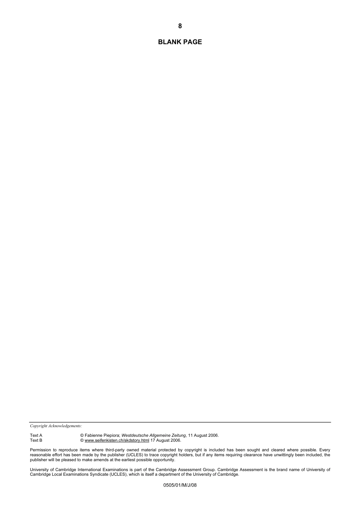 Cambridge IGCSE German - First Language 0505 2008 May/June Paper 1 · Variant 1 question paper, page 8 of 8