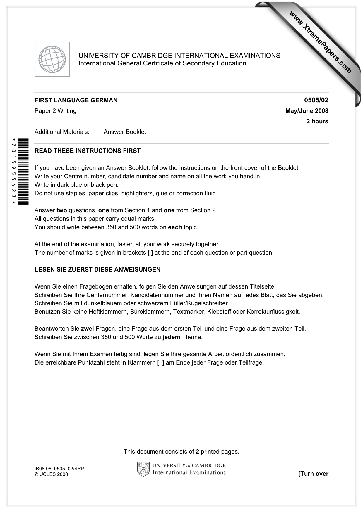 Cambridge IGCSE German - First Language 0505 2008 May/June Paper 2 · Variant 1 question paper, page 1 of 2