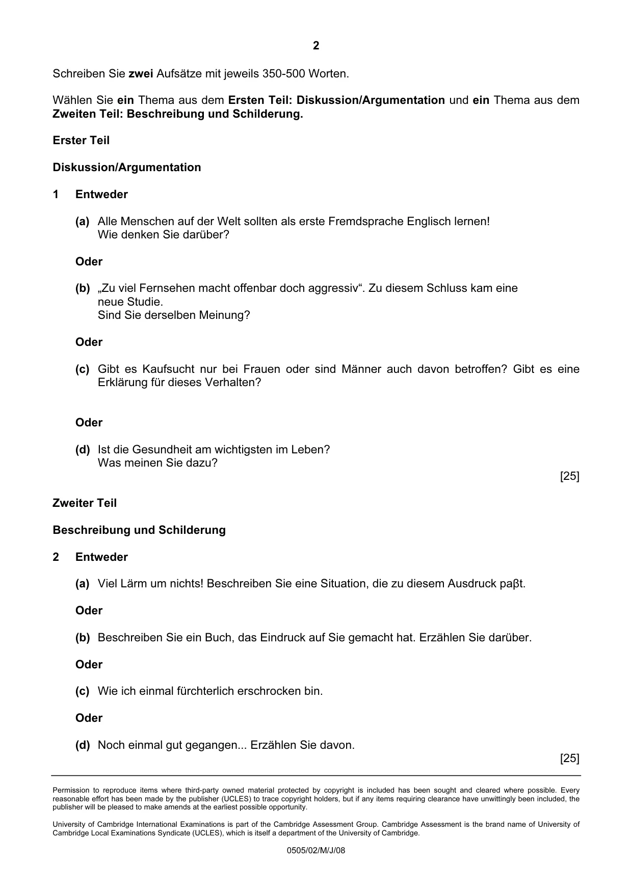 Cambridge IGCSE German - First Language 0505 2008 May/June Paper 2 · Variant 1 question paper, page 2 of 2
