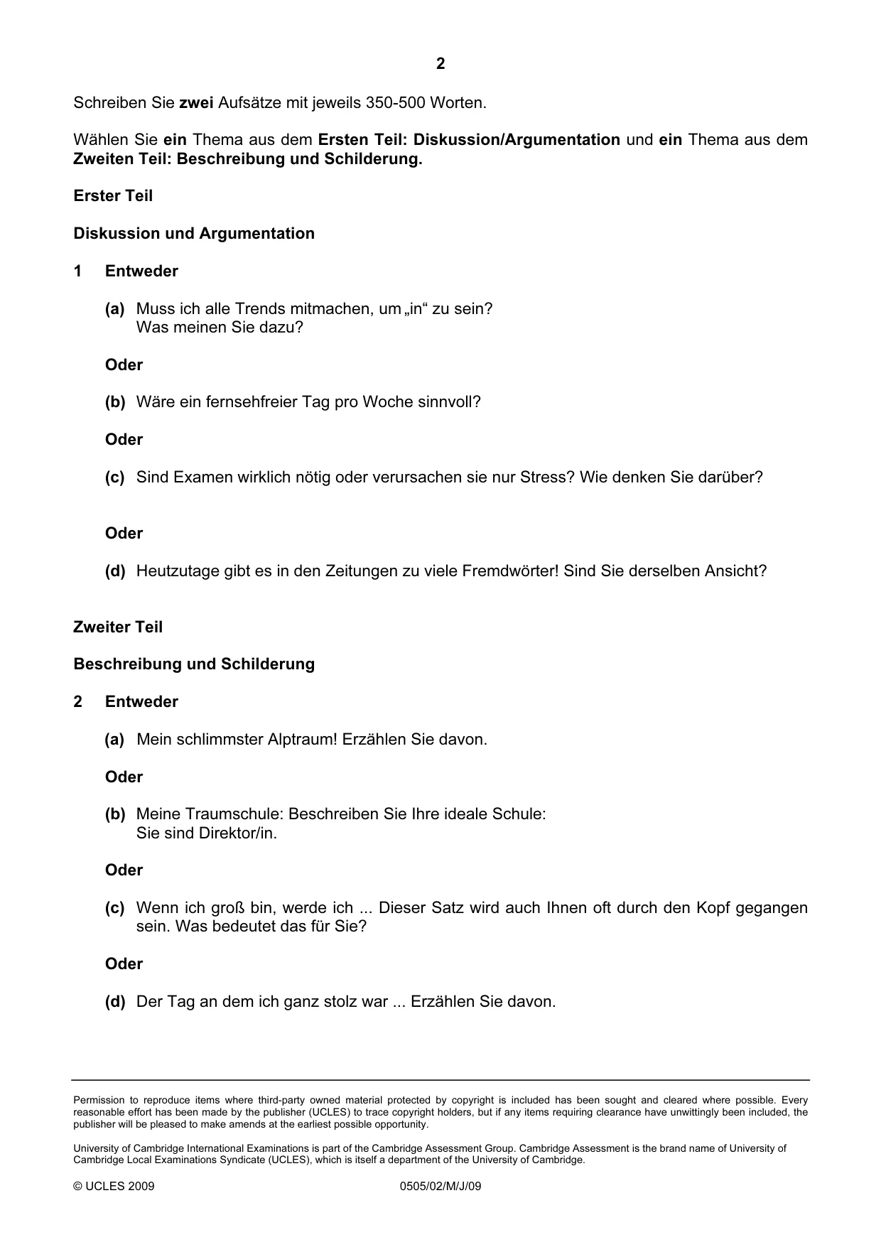 Cambridge IGCSE German - First Language 0505 2009 May/June Paper 2 · Variant 1 question paper, page 2 of 2
