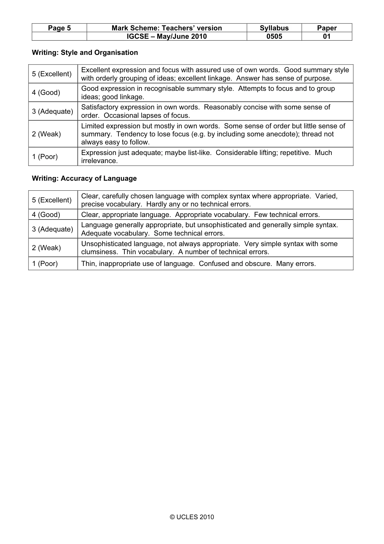 Mark scheme, page 5 of 5
