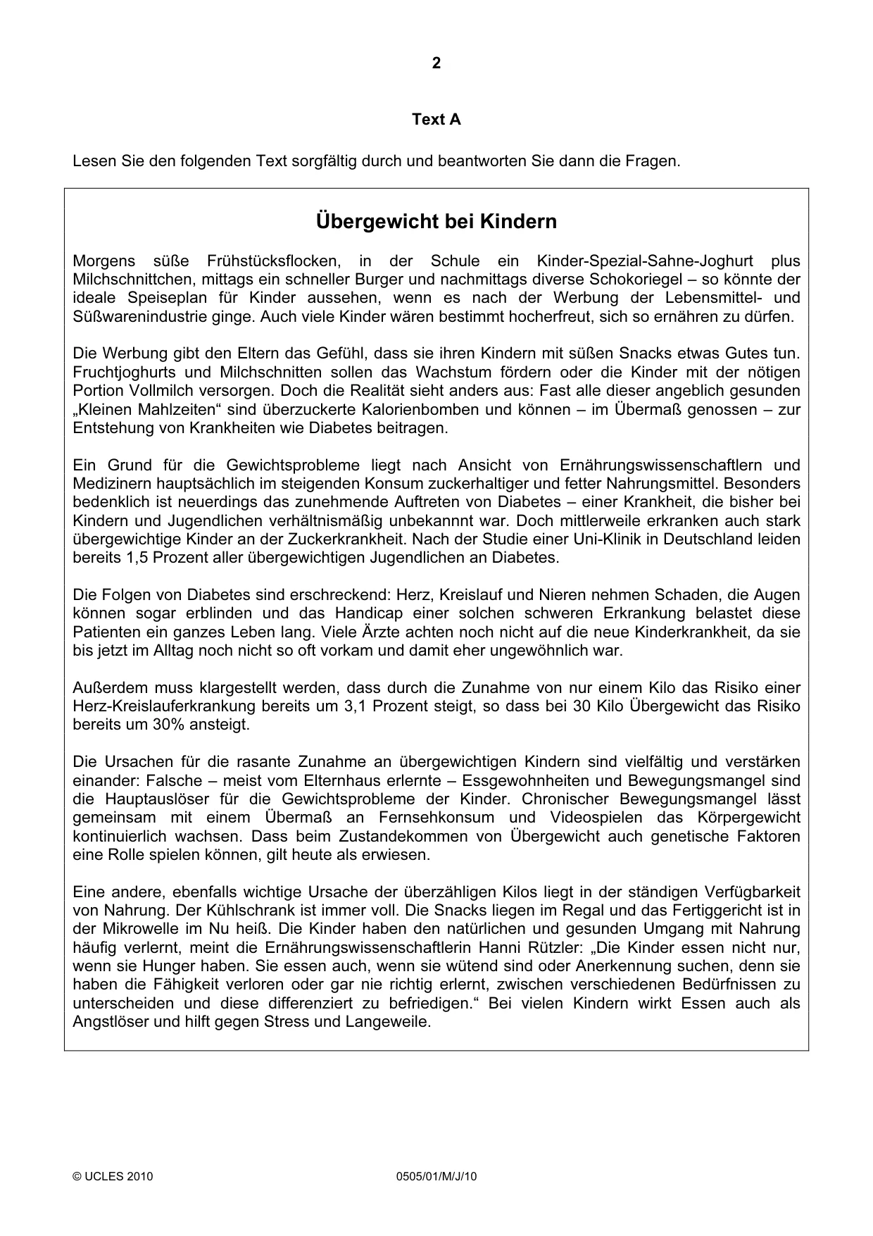 Cambridge IGCSE German - First Language 0505 2010 May/June Paper 1 · Variant 1 question paper, page 2 of 8