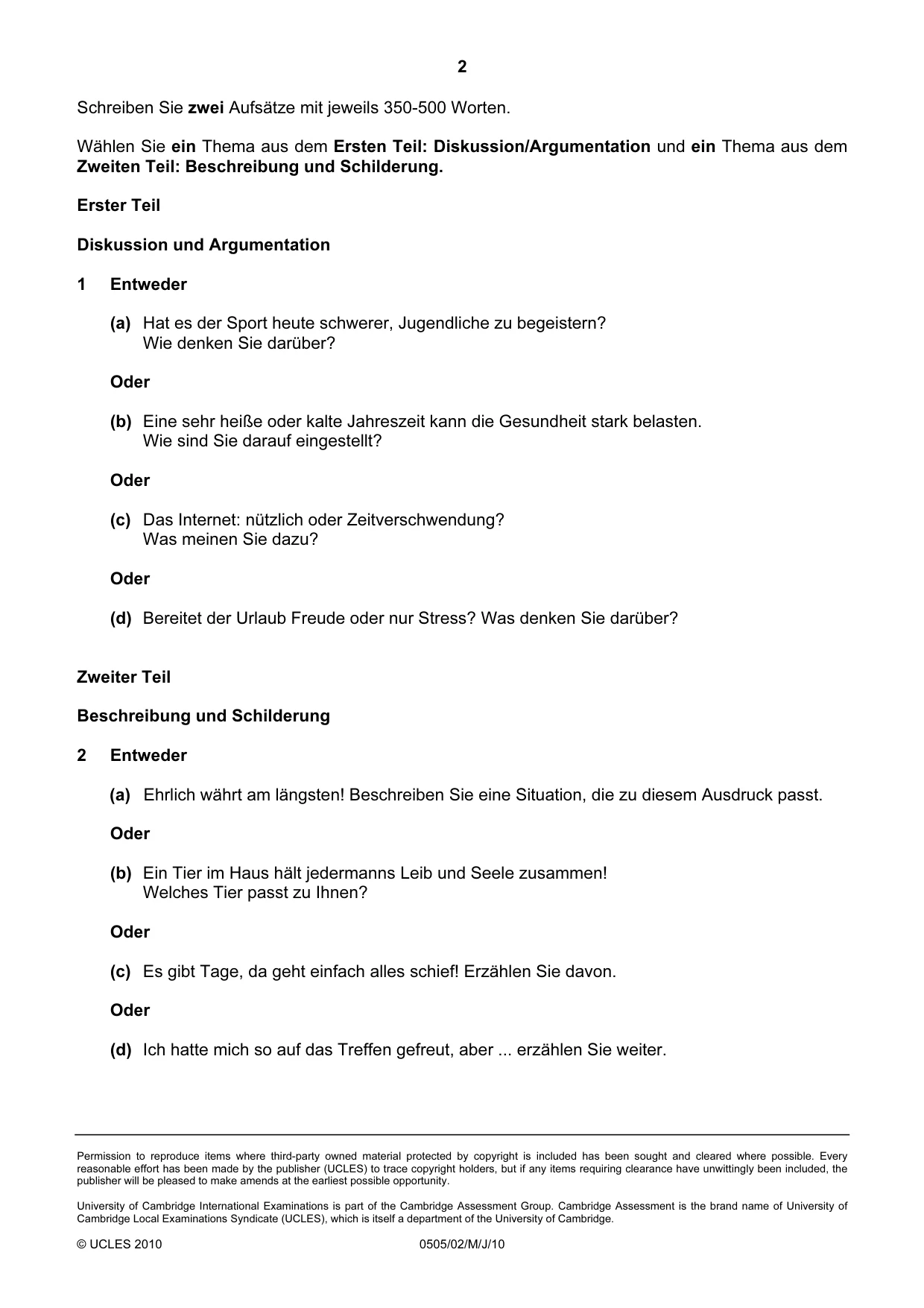 Cambridge IGCSE German - First Language 0505 2010 May/June Paper 2 · Variant 1 question paper, page 2 of 2
