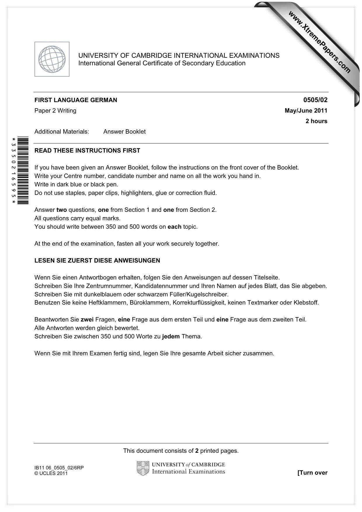Cambridge IGCSE German - First Language 0505 2011 May/June Paper 2 · Variant 1 question paper, page 1 of 2