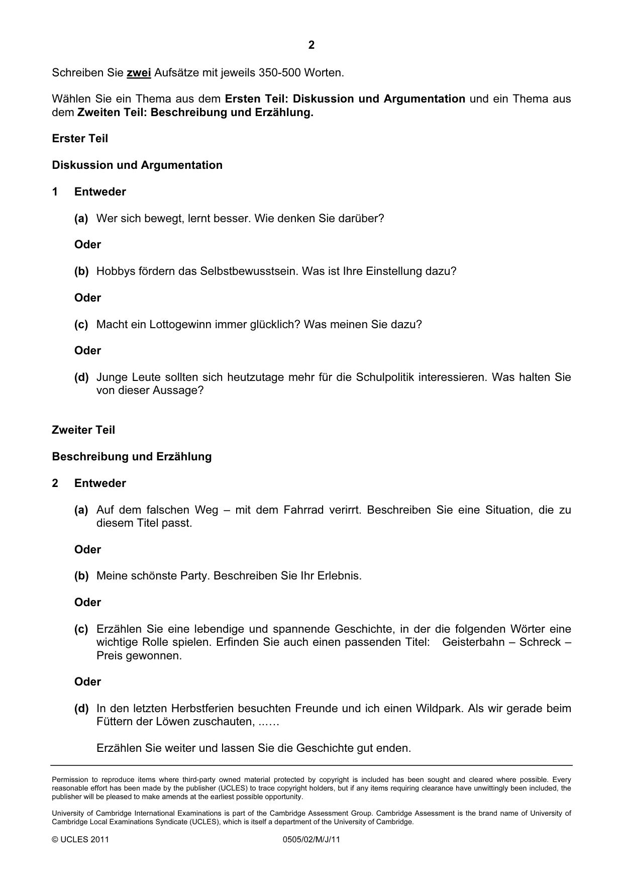 Cambridge IGCSE German - First Language 0505 2011 May/June Paper 2 · Variant 1 question paper, page 2 of 2