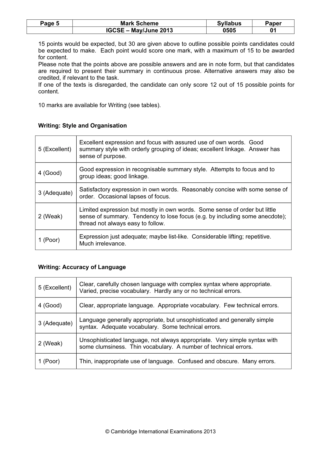 Mark scheme, page 5 of 5