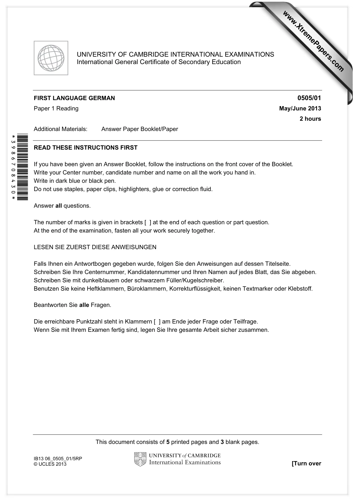 Cambridge IGCSE German - First Language 0505 2013 May/June Paper 1 · Variant 1 question paper, page 1 of 8