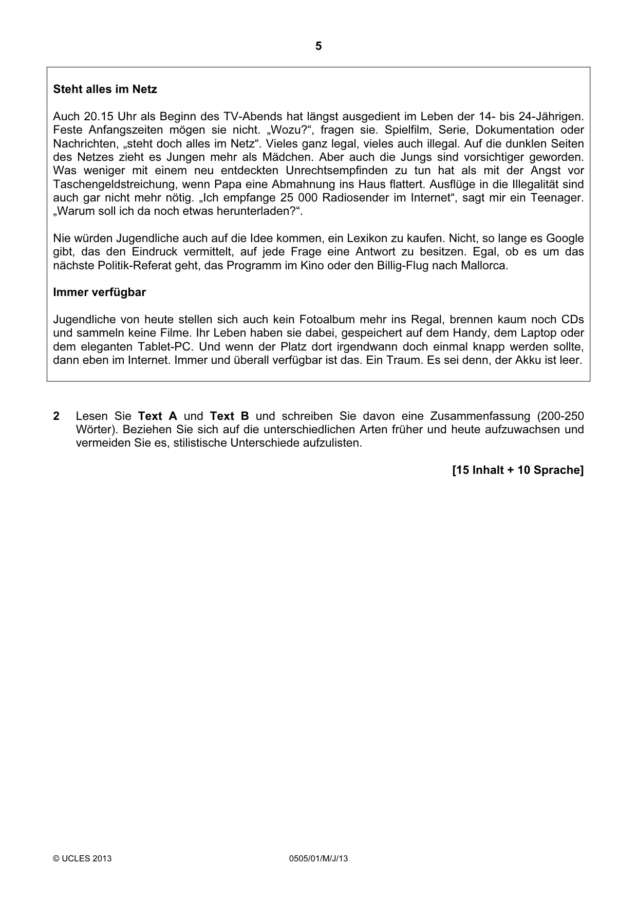 Cambridge IGCSE German - First Language 0505 2013 May/June Paper 1 · Variant 1 question paper, page 5 of 8