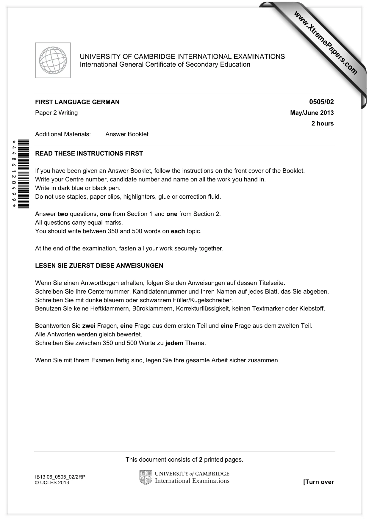 Cambridge IGCSE German - First Language 0505 2013 May/June Paper 2 · Variant 1 question paper, page 1 of 2