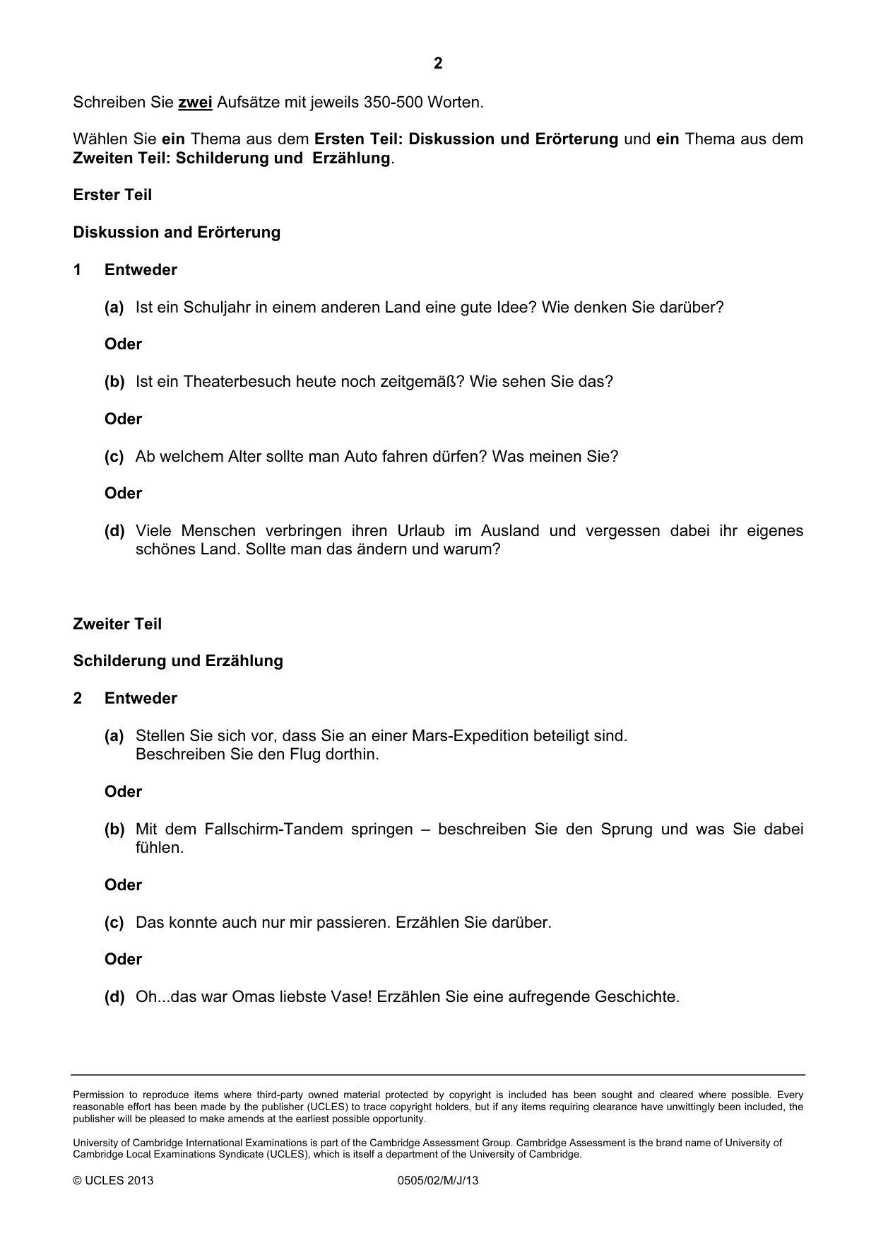 Cambridge IGCSE German - First Language 0505 2013 May/June Paper 2 · Variant 1 question paper, page 2 of 2