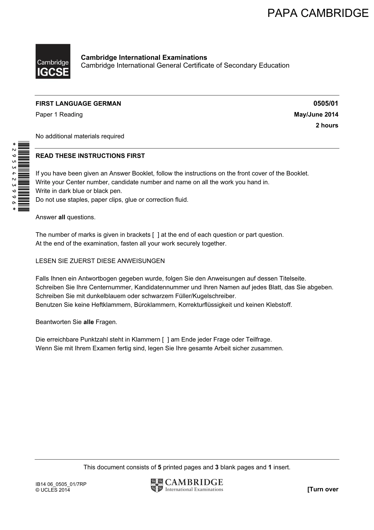 Cambridge IGCSE German - First Language 0505 2014 May/June Paper 1 · Variant 1 question paper, page 1 of 8