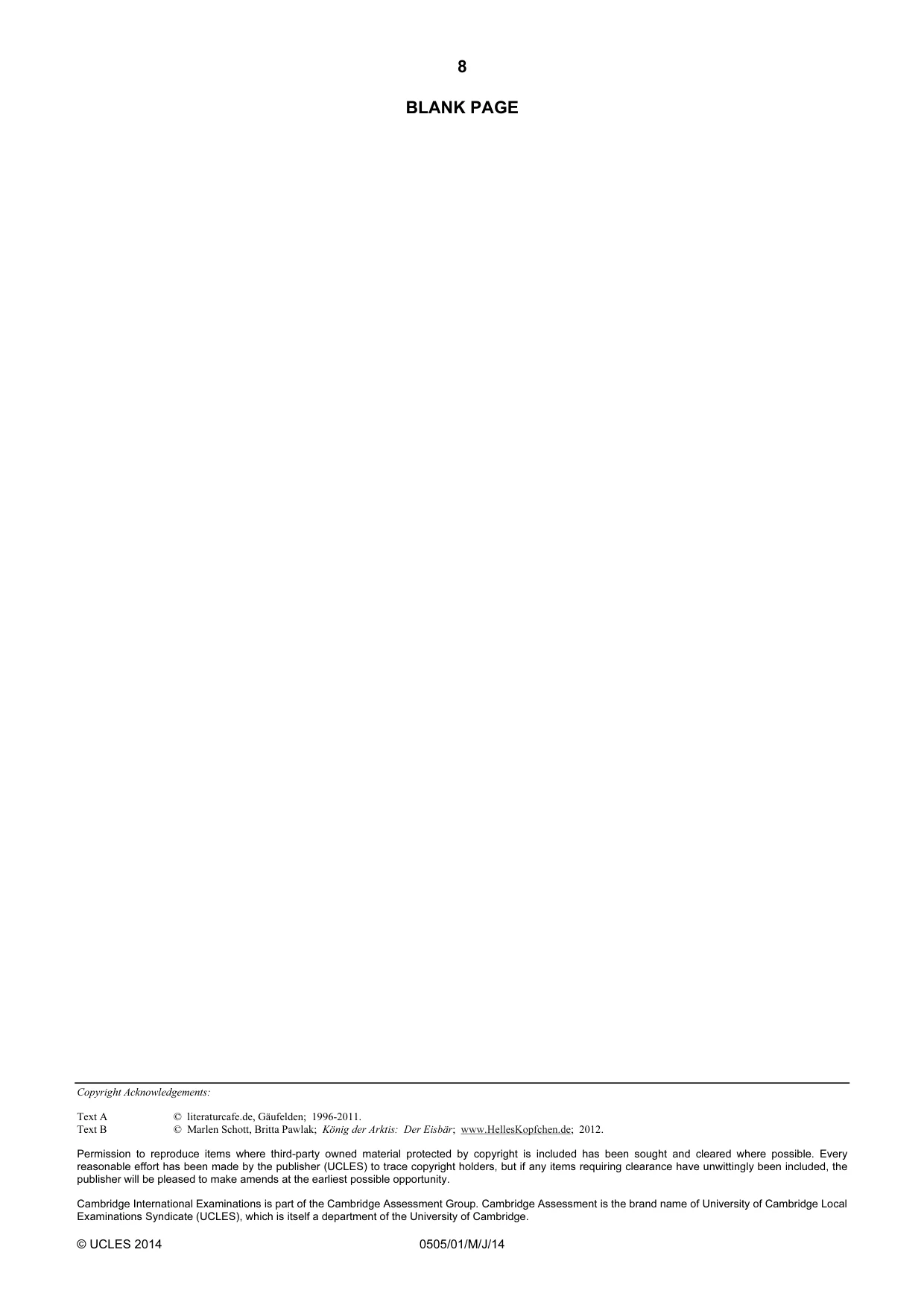 Cambridge IGCSE German - First Language 0505 2014 May/June Paper 1 · Variant 1 question paper, page 8 of 8
