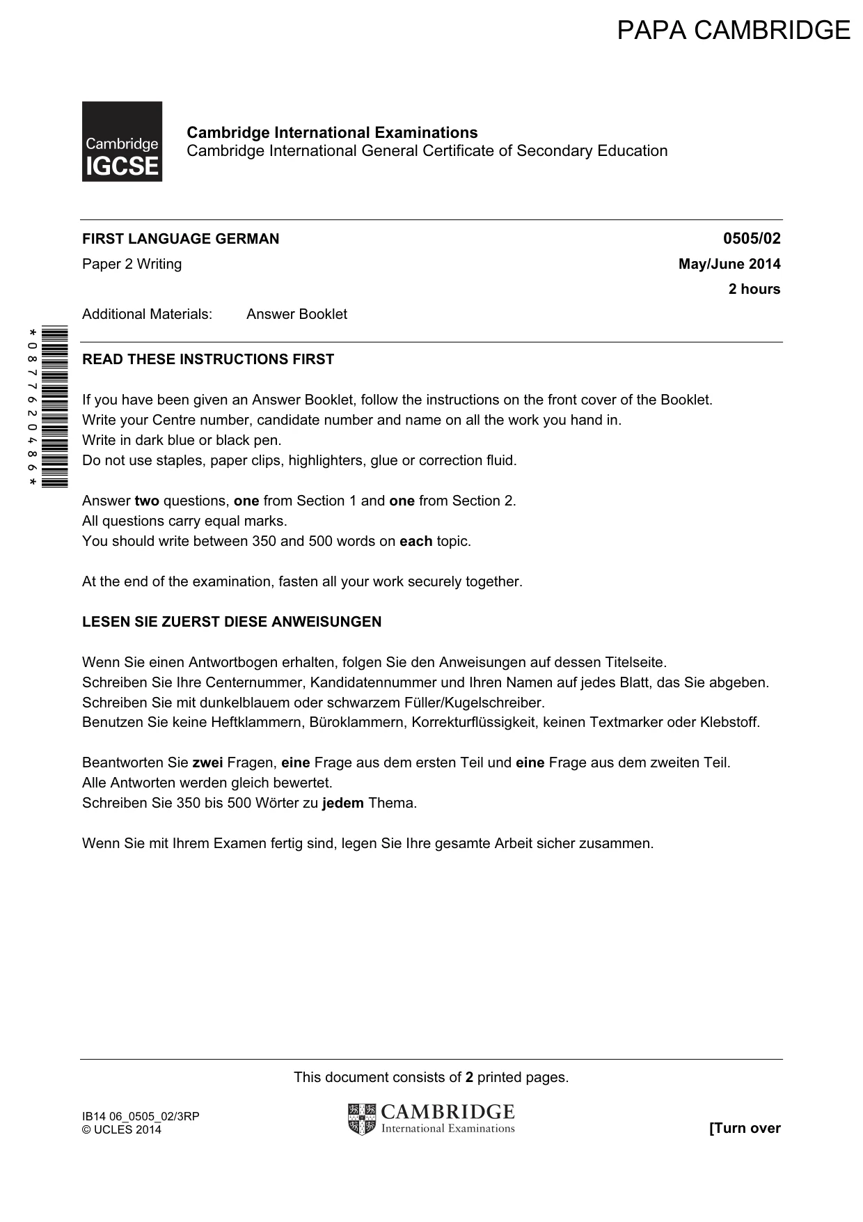 Cambridge IGCSE German - First Language 0505 2014 May/June Paper 2 · Variant 1 question paper, page 1 of 2