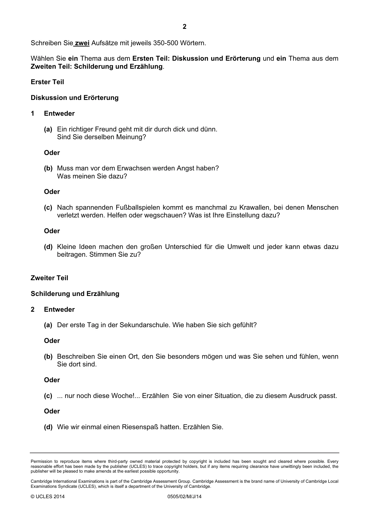 Cambridge IGCSE German - First Language 0505 2014 May/June Paper 2 · Variant 1 question paper, page 2 of 2