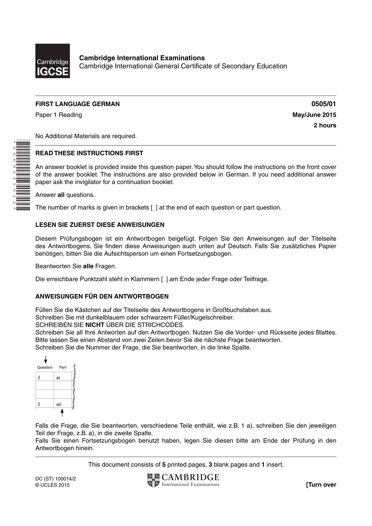 Cambridge IGCSE German - First Language 0505 2015 May/June Paper 1 · Variant 1 question paper, page 1 of 8