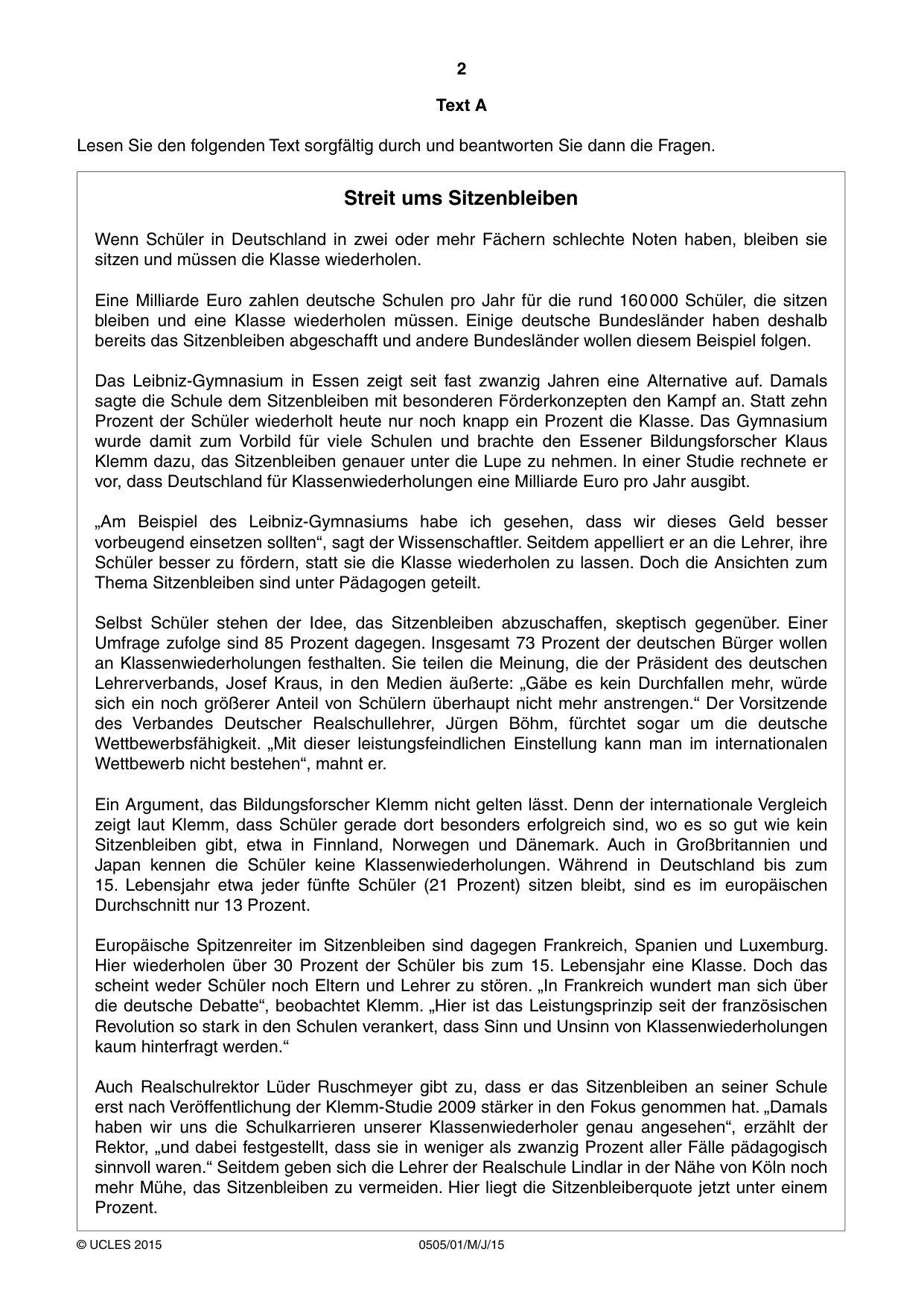 Cambridge IGCSE German - First Language 0505 2015 May/June Paper 1 · Variant 1 question paper, page 2 of 8