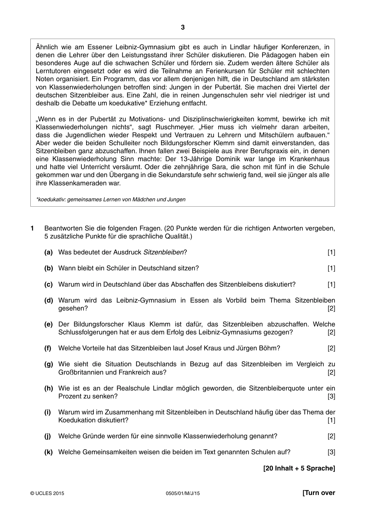 Cambridge IGCSE German - First Language 0505 2015 May/June Paper 1 · Variant 1 question paper, page 3 of 8