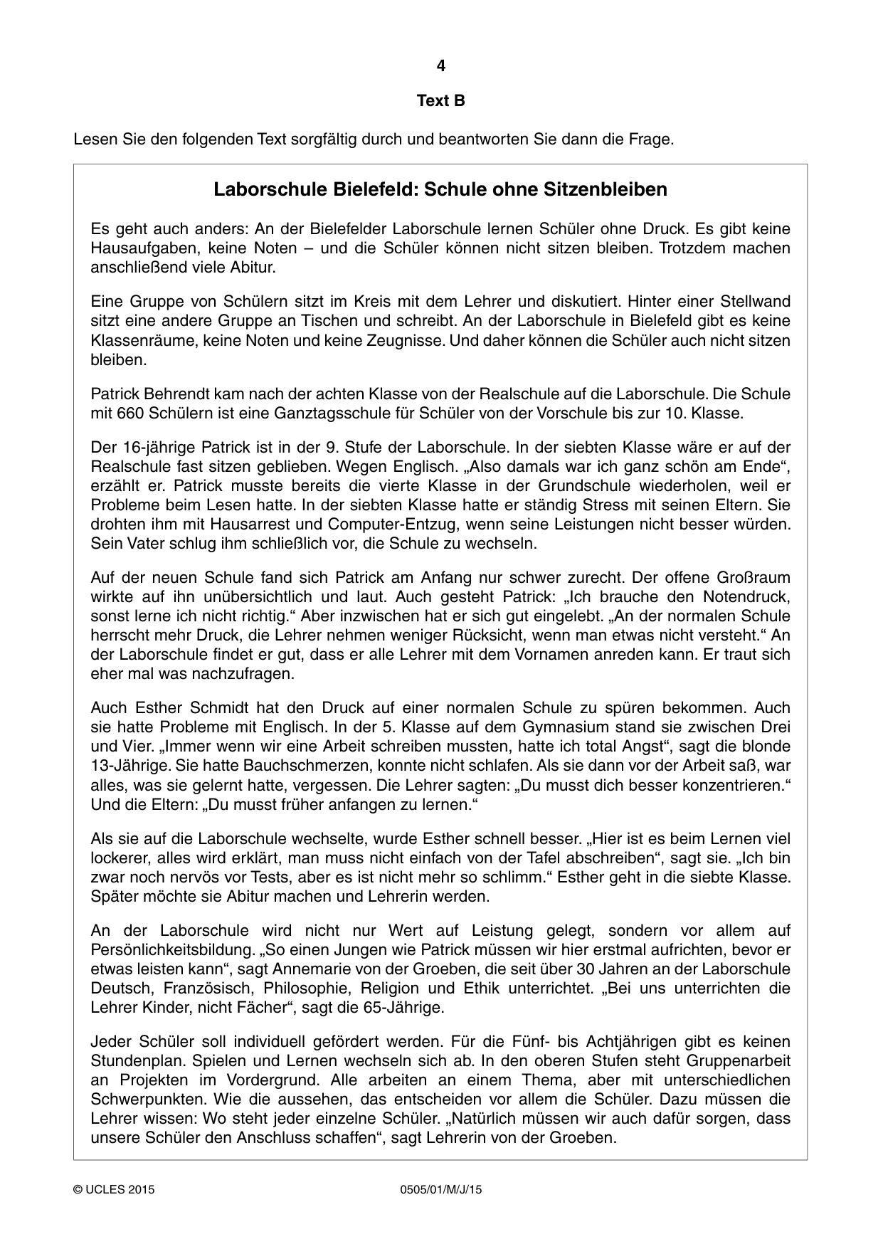 Cambridge IGCSE German - First Language 0505 2015 May/June Paper 1 · Variant 1 question paper, page 4 of 8