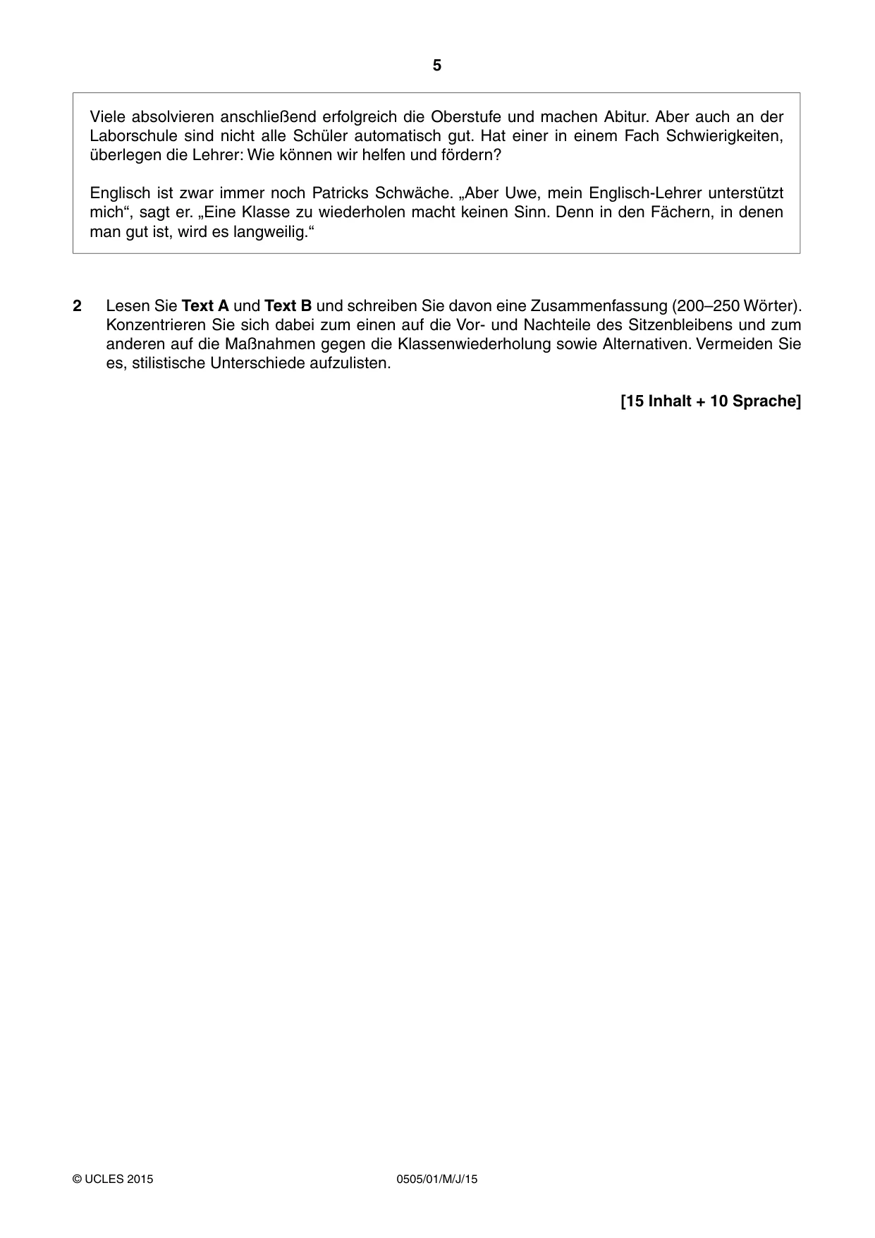Cambridge IGCSE German - First Language 0505 2015 May/June Paper 1 · Variant 1 question paper, page 5 of 8