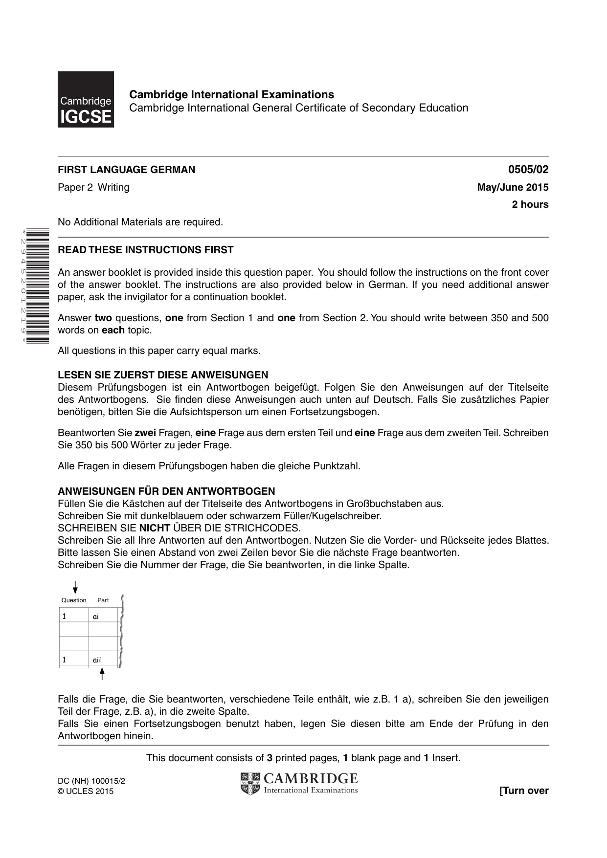 Cambridge IGCSE German - First Language 0505 2015 May/June Paper 2 · Variant 1 question paper, page 1 of 4