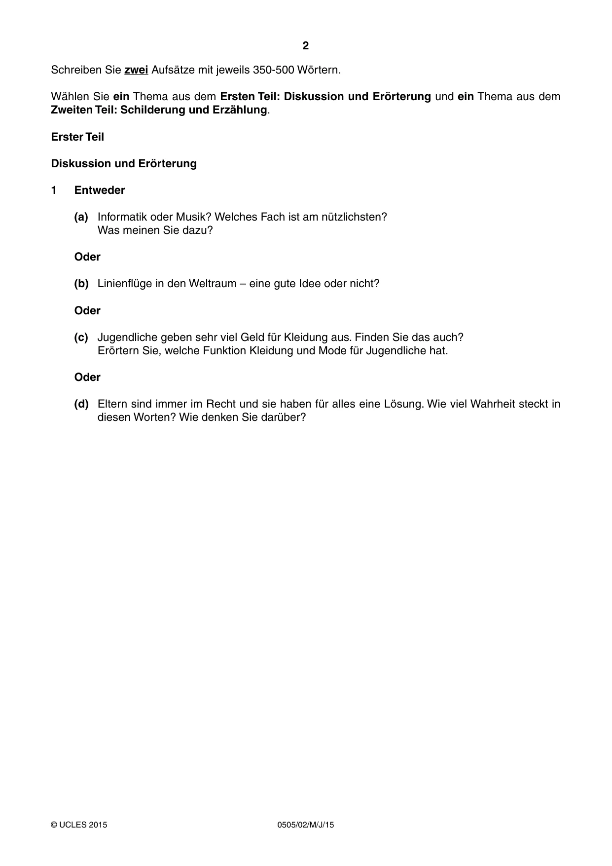 Cambridge IGCSE German - First Language 0505 2015 May/June Paper 2 · Variant 1 question paper, page 2 of 4