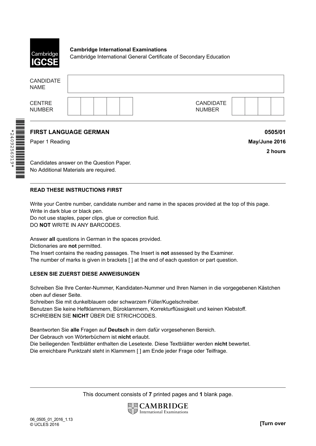Cambridge IGCSE German - First Language 0505 2016 May/June Paper 1 · Variant 0 question paper, page 1 of 8