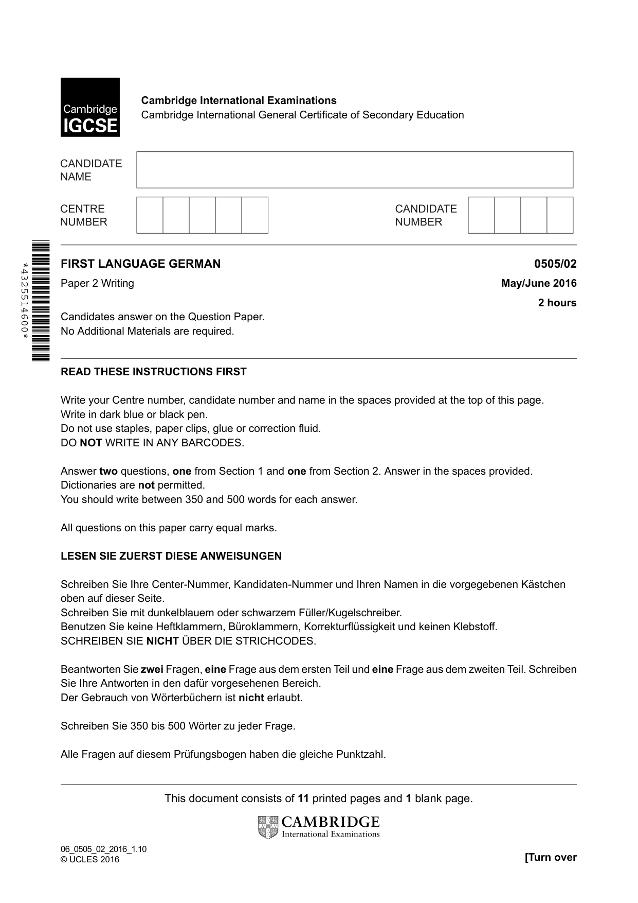 Cambridge IGCSE German - First Language 0505 2016 May/June Paper 2 · Variant 0 question paper, page 1 of 12