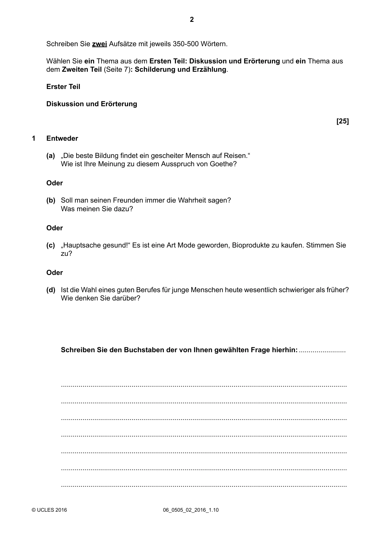 Cambridge IGCSE German - First Language 0505 2016 May/June Paper 2 · Variant 0 question paper, page 2 of 12