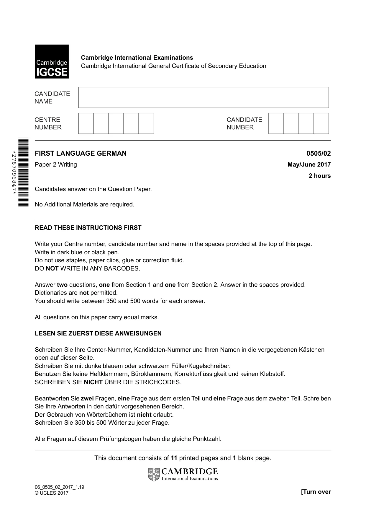Cambridge IGCSE German - First Language 0505 2017 May/June Paper 2 · Variant 1 question paper, page 1 of 12