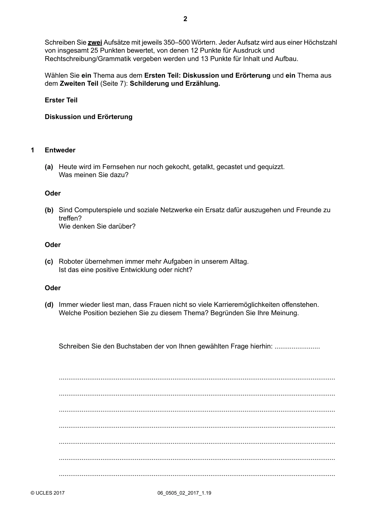 Cambridge IGCSE German - First Language 0505 2017 May/June Paper 2 · Variant 1 question paper, page 2 of 12